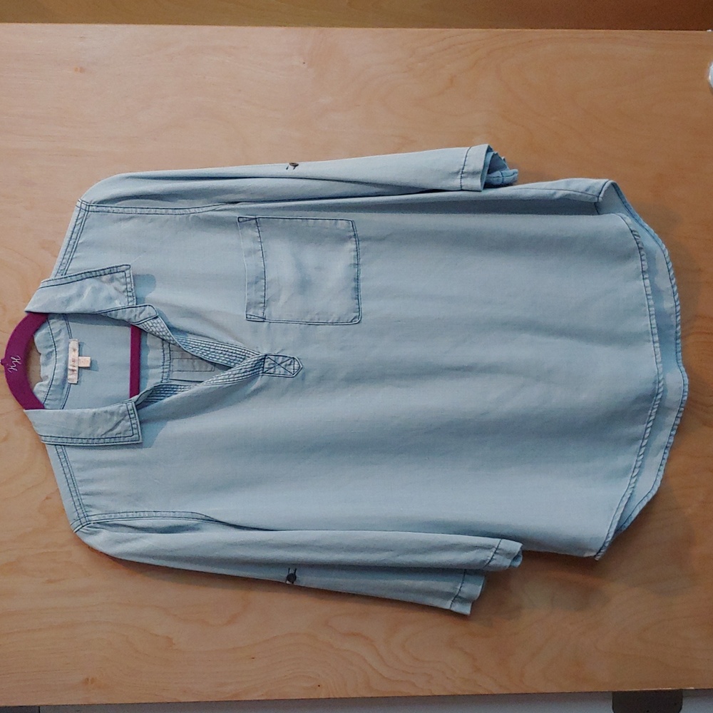 Medium Split Neck Chambray Roll Tab Blouse - image 1